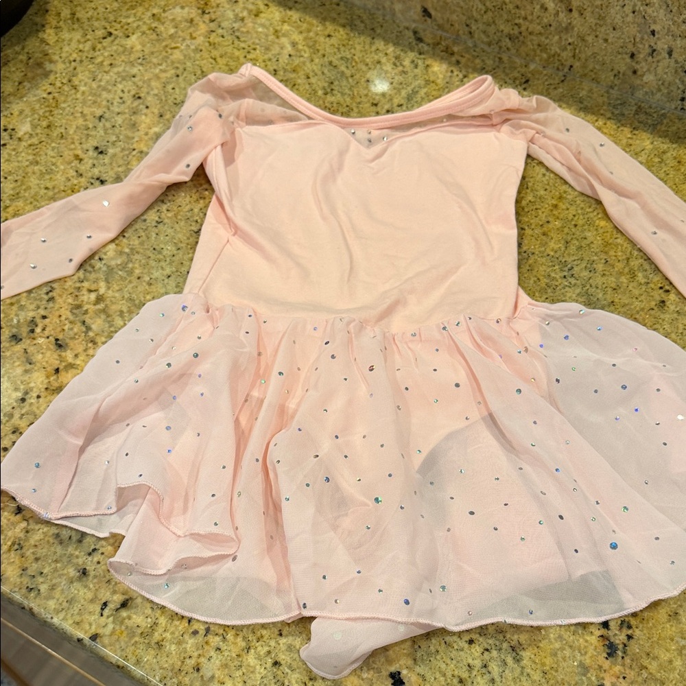 Girls Light Pink Sequin Ballet Dress with Long Sleeves